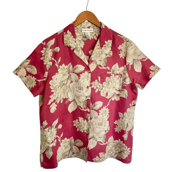 Evan Picone Red Cream Floral Print Ramie Camp Shirt Size L Summer Casual Cottage - Picture 1 of 7